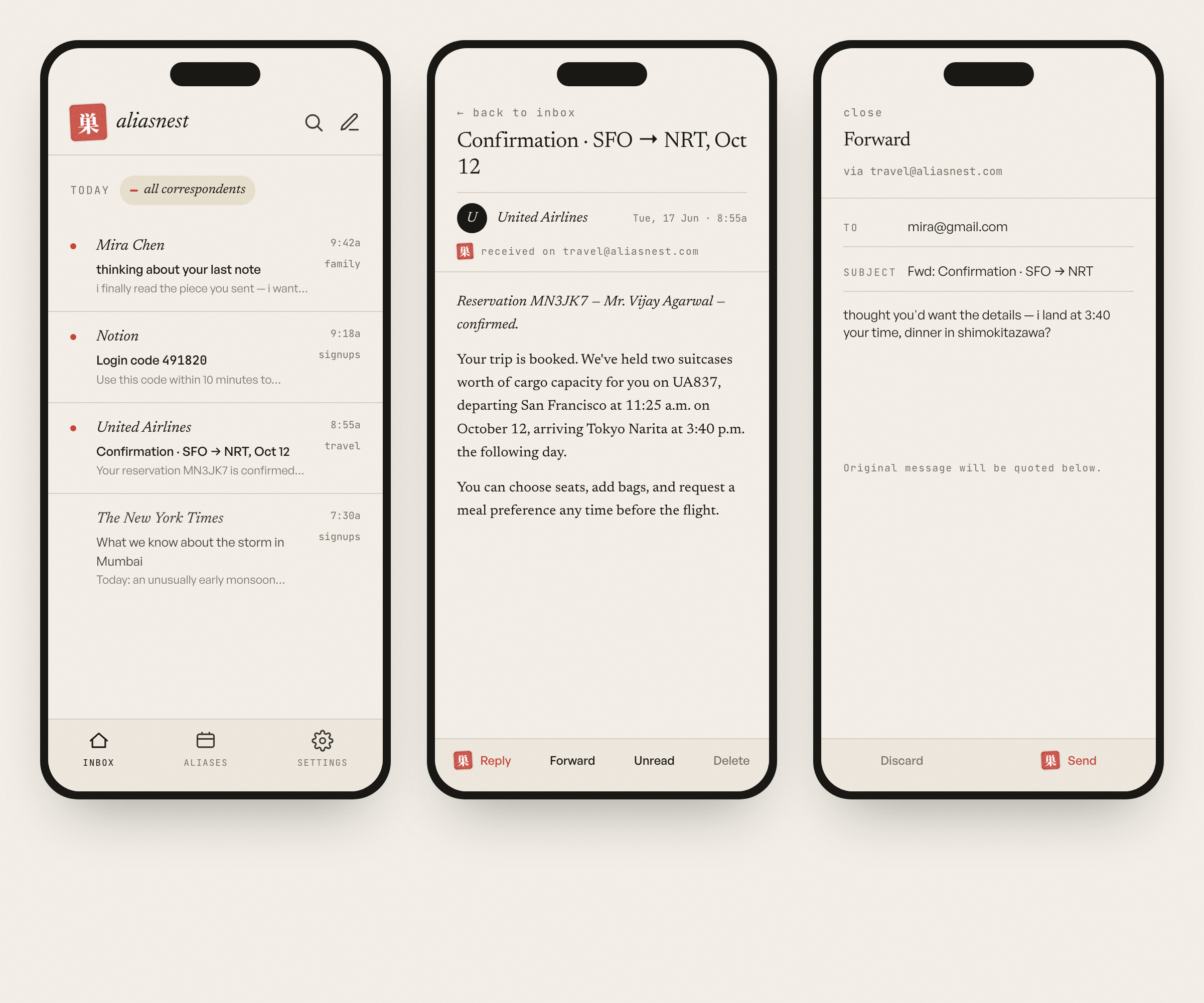 AliasNest on a phone — three screens: the alias inbox, reading a message, and forwarding one, in the same warm paper-and-ink style.