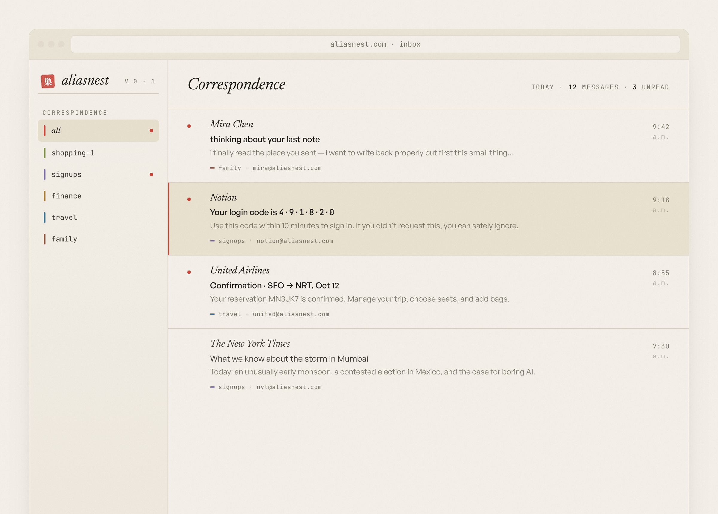 AliasNest inbox — a sidebar of email aliases (shopping, signups, finance, travel, family), each color-coded, and a list of messages tagged by the alias that received them