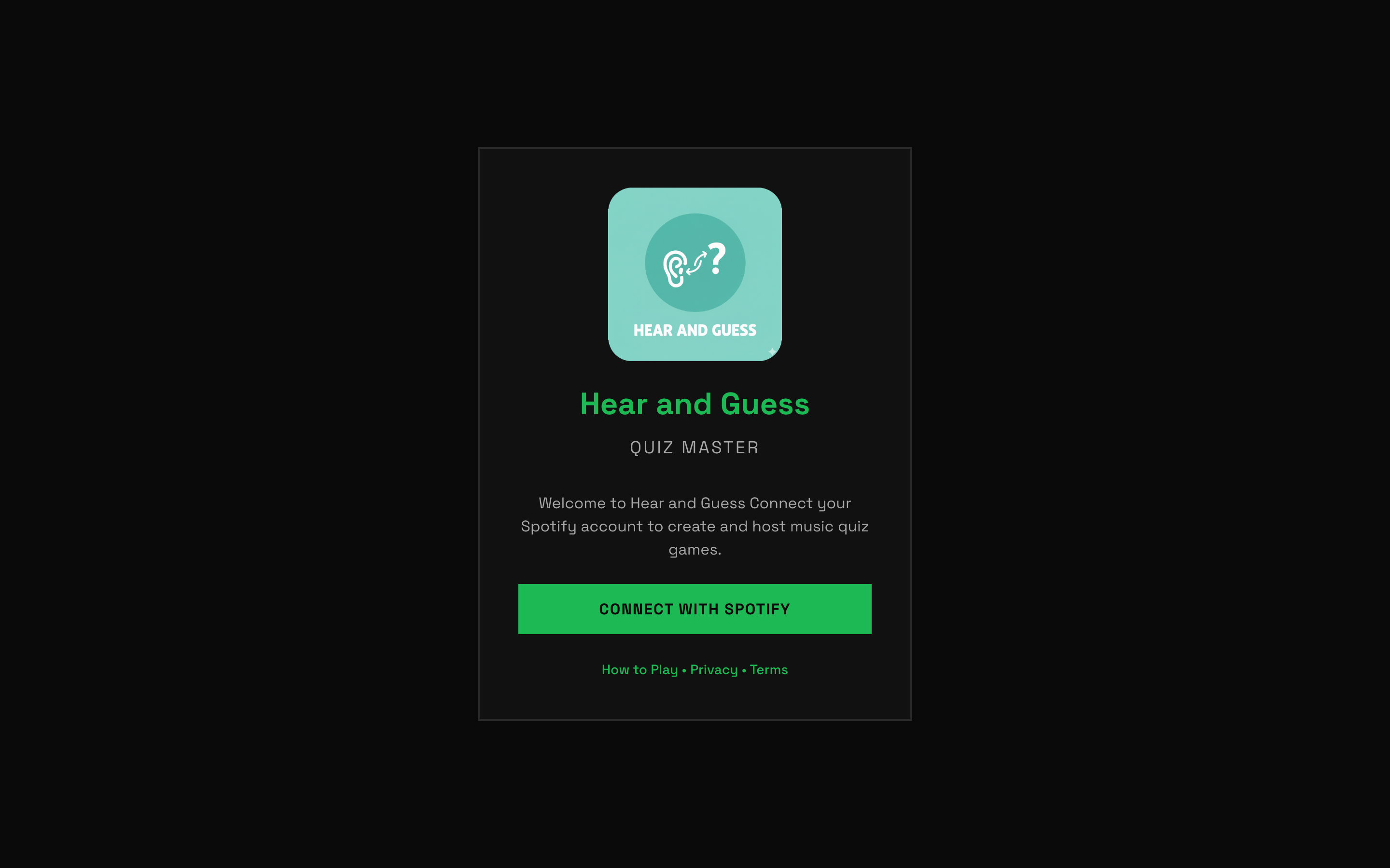Hear and Guess quiz-master screen — connect Spotify to host a music quiz